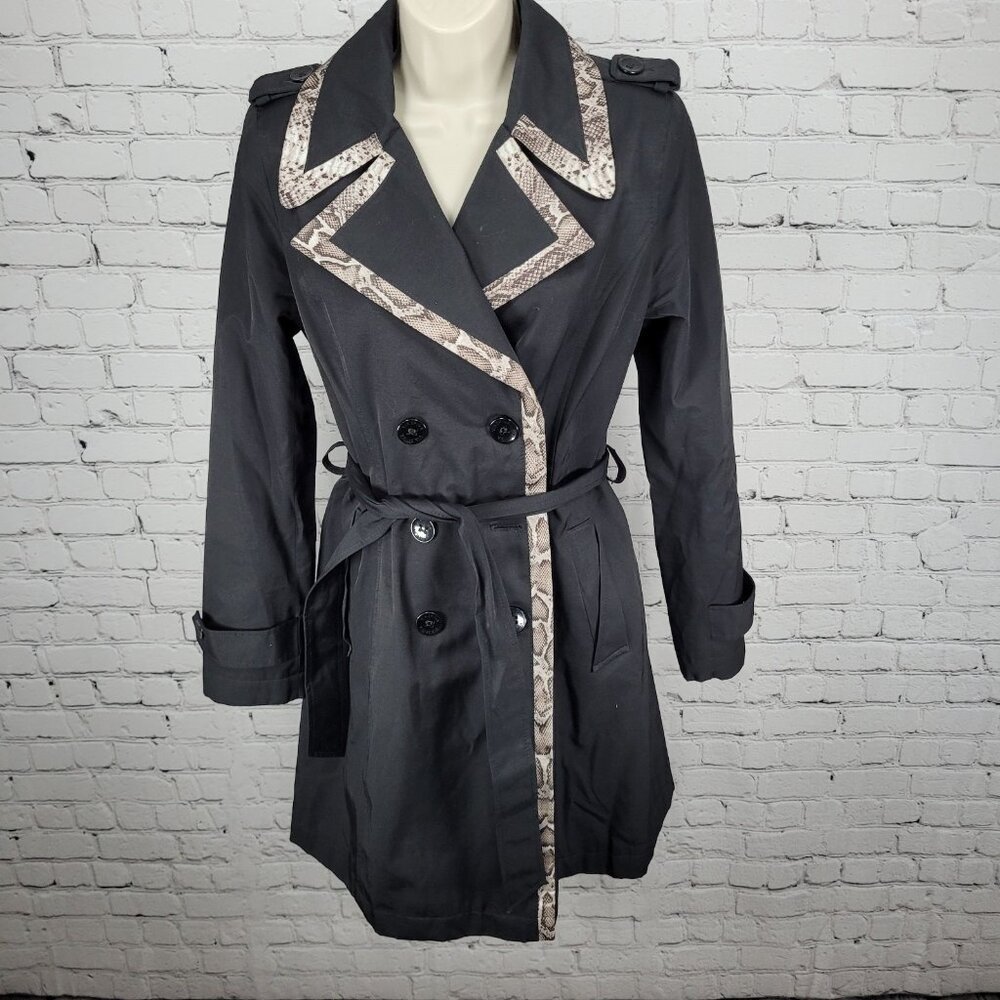 Via Spiga Black Snakeprint Trim Belted Double Breasted Trench Coat Size Medium M